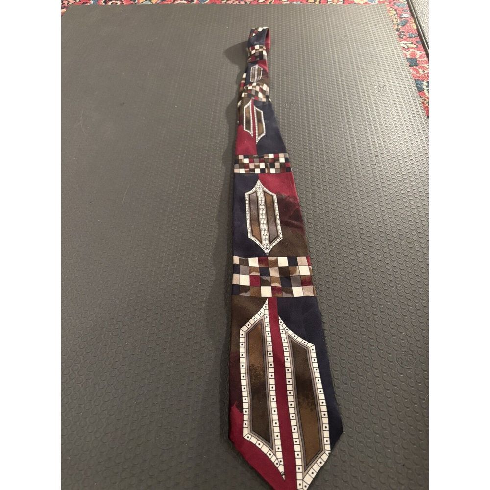 Silk Tie Necktie Geometric Red Browns Black & White Made in Italy Emilio Romano - Picture 2 of 4
